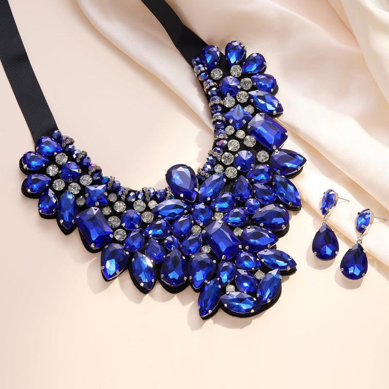 Flyonce Costume Jewelry for Women, Rhinestone Crystal Statement Necklace Earrings Set Blue - Image 3
